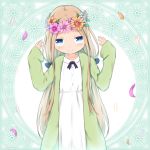  1girl abigail_williams_(fate/grand_order) alternate_costume bangs black_bow blue_eyes blue_flower blush bow closed_mouth collared_dress commentary_request dress eyebrows_visible_through_hair fate/grand_order fate_(series) flower flower_wreath green_jacket hair_bow hands_up head_wreath highres jacket light_brown_hair long_hair long_sleeves looking_at_viewer open_clothes open_jacket parted_bangs petals purple_flower sleeves_past_wrists smile solo su_guryu very_long_hair white_dress yellow_flower 