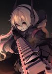  1girl armband assault_rifle bangs commentary_request girls_frontline gun hair_between_eyes headgear highres holding holding_gun holding_weapon hood hood_down hoodie jacket long_hair long_sleeves looking_at_viewer m4_sopmod_ii m4_sopmod_ii_(girls_frontline) mechanical_arm multicolored_hair open_mouth prosthesis prosthetic_arm red_eyes rifle simple_background smile solo streaked_hair suginakara_(user_ehfp8355 weapon 