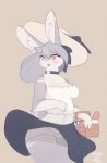  2019 4_fingers anthro basket blush breasts choker clothing condom countershading cute_fangs digital_media_(artwork) dildo electrycpynk female fur gloves_(marking) grey_fur grey_hair hair hat hi_res inner_ear_fluff lagomorph mammal markings midriff multicolored_fur navel open_mouth picnic_basket pink_eyes pussy rabbit ribbons sex_toy signature simple_background skirt solo white_countershading wind_lift 