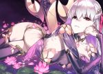  1girl 92m bangs bare_shoulders breasts closed_mouth detached_sleeves fate/grand_order fate_(series) flower hair_between_eyes hair_ribbon halterneck hip_focus jewelry kama_(fate/grand_order) large_breasts lily_pad long_hair looking_at_viewer lying petals purple_legwear red_eyes ribbon ring silver_hair solo thighhighs thighs weapon 