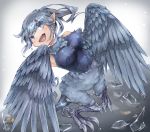  1girl blue_eyes blue_hair feathered_wings feathers female harpy highres monster_girl open_mouth original pippi_(artist) pointy_ears solo wings 