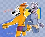  anthro butt butt_grab butt_slap canid canine canis clothing fox fox_mccloud hand_on_butt hi_res male male/male mammal mostly_nude nintendo prometheusblack slap speedo star_fox swimsuit text video_games wolf wolf_o&#039;donnell 