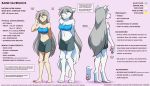  2019 anthro bare_shoulders barefoot breasts canid canine canis chest_tuft cleavage clothed clothing digitigrade english_text female front_view fur grey_hair hair hi_res human keidran long_hair mammal midriff model_sheet navel pawpads pink_background pink_pawpads raine_silverlock rear_view shorts simple_background smile solo text tom_fischbach tongue tongue_out tuft twokinds webcomic white_fur wolf yellow_eyes 