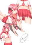  1boy artist_name astolfo_(fate) bangs black_bow blush bow braid collarbone commentary_request dated dot_nose eyebrows_visible_through_hair fang fate/apocrypha fate/grand_order fate_(series) gluteal_fold hair_between_eyes hair_bow hand_on_own_stomach kaname_(melaninusa09) long_braid long_hair looking_at_viewer male_focus miniskirt multiple_views navel open_mouth pink_hair pink_neckwear pink_skirt pleated_skirt purple_eyes sailor_collar simple_background single_braid skirt smile trap white_background 