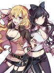  2girls amber_eyes black_hair blake_belladonna blonde_hair blush breasts cleavage long_hair midriff multiple_girls rwby smile violet_eyes yang_xiao_long 