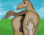  animal_genitalia animal_pussy anthro anthro_on_feral anus bestiality blush butt claws digital_media_(artwork) disembodied_hand english_text equid equine equine_magic equine_pussy female feral horse looking_at_viewer looking_back mammal open_mouth pussy rear_focus rear_view simple_background text 
