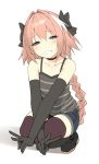  1boy :d astolfo_(fate) bow braid choker crossdressing denim denim_shorts elbow_gloves fate/apocrypha fate_(series) gloves grin heart heart-shaped_pupils highres male_focus open_mouth pink_hair shiny shiny_skin shirt short_shorts shorts sky_(freedom) smile squatting striped striped_shirt symbol-shaped_pupils teeth thighhighs trap v white_background 