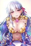  1girl absurdres armlet bangs blush breasts cleavage earrings fate/grand_order fate_(series) flower hair_ribbon highres jewelry kama_(fate/grand_order) large_breasts long_hair looking_at_viewer navel parted_lips red_eyes ribbon samoore silver_hair smile solo sparkle thighs 