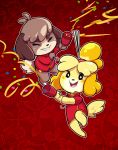  absurd_res animal_crossing anthro black_nose canid canine canis clothing digby_(animal_crossing) domestic_dog duo female floppy_ears hi_res isabelle_(animal_crossing) male mammal nintendo prismaticdragee sibling smile video_games 