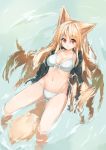  1girl animal_ears bikini black_hoodie blonde_hair breasts cleavage commentary_request fox_ears fox_girl fox_tail highres hood hood_down hoodie large_breasts long_hair open_clothes open_hoodie original parted_lips partially_submerged red_eyes swimsuit tail waichi water 