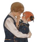  1boy 1girl blue_eyes blush brown_hair bun_cover couple gintama hair_bun hetero hug jacket_on_shoulders kagura_(gintama) loli_bushi looking_at_another okita_sougo open_mouth orange_hair red_eyes white_background 