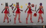  1girl animal_ears animal_hood back bare_shoulders bell bow bridal_gauntlets cammy_white capcom cat_ears cat_hood cat_tail character_sheet claws concept_art dark_skin dress elbow_gloves full_body gloves green_eyes highres hood kelly_tan leg_ribbon looking_at_viewer menat multiple_views official_art paw_gloves paws purple_hair red_dress ribbon sandals standing street_fighter street_fighter_v tail watermark 