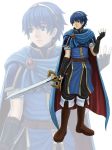  1boy absurdres armor blue_eyes blue_hair boots cape fingerless_gloves fire_emblem fire_emblem:_ankoku_ryuu_to_hikari_no_tsurugi fire_emblem:_monshou_no_nazo fire_emblem:_shin_ankoku_ryuu_to_hikari_no_tsurugi fire_emblem:_shin_monshou_no_nazo gloves highres holding holding_sword holding_weapon kotatsumuri_(yaugau) marth nintendo solo sword tiara weapon 