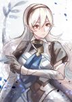 1girl armor armored_dress black_gloves black_hairband closed_mouth commentary dragon_tail eyebrows_visible_through_hair female_my_unit_(fire_emblem_if) fire_emblem fire_emblem_if gloves hair_between_eyes hairband long_hair looking_away mamkute my_unit_(fire_emblem_if) name_(kkkkki11159) nintendo open_eyes pointy_ears red_eyes signature silver_hair solo tail 
