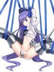  1girl arms_up ass blue_eyes blush bound crotch_plate fate/extra fate/extra_ccc fate/grand_order fate_(series) flat_chest legs_up long_hair meltlilith michihasu navel purple_hair ribbon ribbon_bondage spike thighs very_long_hair white_background 