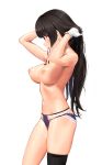  black_hair black_legwear breasts commentary_request contrapposto cowboy_shot from_side gloves hair_lift highres inverted_nipples isokaze_(kantai_collection) kantai_collection large_breasts lingerie long_hair mouth_hold navel panties profile purple_panties red_eyes ribbon ribbon_in_mouth simple_background single_thighhigh thighhighs topless underwear underwear_only wa_(genryusui) white_background white_gloves 