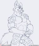  anthro balls canid canine erection foreskin_pull humanoid_penis looking_at_viewer male mammal monochrome muscular muscular_male nude penis smile solo standing uncut wolfblade 