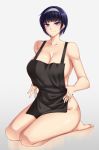  1girl apron bangs blue_hair breasts cleavage commentary full_body grey_background hairband highres large_breasts naked_apron original purple_eyes redbarong shiny shiny_skin short_hair sidelocks smile solo squatting 