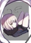  1girl ahoge bangs bare_legs black_panties boots cape commentary_request eyebrows_visible_through_hair fate/grand_order fate_(series) fur-trimmed_cape fur_collar fur_trim grey_background highres jeanne_d&#039;arc_(alter)_(fate) jeanne_d&#039;arc_(fate)_(all) kaname_(melaninusa09) knee_boots long_sleeves looking_at_viewer lying on_back panties short_hair signature silver_hair solo teeth underwear white_skin yellow_eyes 