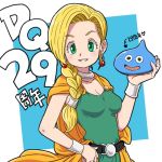  1girl bianca blonde_hair blue_eyes braid breasts cape choker cleavage commentary_request dragon_quest dragon_quest_v dress earrings hair_over_shoulder jewelry long_hair looking_at_viewer open_mouth single_braid slime_(dragon_quest) smile solo yazwo 