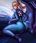  1girl ass blonde_hair blue_eyes bodysuit breasts flowerxl high_heels huge_ass large_breasts long_hair looking_at_viewer metroid nintendo ponytail samus_aran shiny shiny_clothes shiny_hair sideboob sitting skin_tight smile solo thick_thighs thighs wariza wide_hips zero_suit 