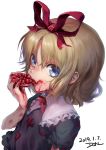  blonde_hair blue_eyes bow capelet cranberry doll dqn_(dqnww) ear eating eyebrows_visible_through_hair flower food food_on_face frilled_shirt frilled_shirt_collar frilled_sleeves frills jam lily_of_the_valley medicine_melancholy phantasmagoria_of_flower_view puffy_short_sleeves puffy_sleeves red_bow red_neckwear red_ribbon ribbon shirt short_hair short_sleeves stain touhou wavy_hair younger 