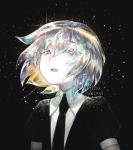  1other androgynous artist_name bangs black_background black_neckwear commentary crystal_hair diamond_(houseki_no_kuni) eyebrows_visible_through_hair eyes_visible_through_hair gem_uniform_(houseki_no_kuni) hair_between_eyes highres houseki_no_kuni looking_at_viewer multicolored multicolored_eyes multicolored_hair necktie open_mouth puffy_short_sleeves puffy_sleeves rainbow_eyes rainbow_hair short_hair short_sleeves simple_background solo sparkle terupancake twitter_username upper_body white_skin 