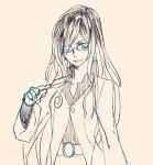  1girl belt black_hair crow_(gravity_daze) glasses gravity_daze gravity_daze_2 hair_over_one_eye labcoat long_hair looking_at_viewer multicolored_hair scalpel solo stethoscope two-tone_hair 