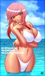  1girl 2004 artist_name bikini breasts day kenix large_breasts long_hair navel ocean original pink_hair red_eyes solo swimsuit water 