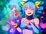  1girl :d air_bubble argyle argyle_background bangs bare_shoulders bikini_top blue_hair breasts bubble cleavage detached_sleeves drill_hair eyebrows_visible_through_hair eyes_closed eyes_visible_through_hair hair_between_eyes hair_ribbon hand_on_own_chest heart medium_breasts medium_hair music musical_note open_mouth rabi-ribi ribbon seana_(rabi_ribi) see-through singing single_detached_sleeve smile solo speckticuls striped_bikini_top underwater upper_body yellow_ribbon 