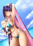  1girl anarchypuppet armpits bare_arms bare_shoulders bikini blue_bikini blue_eyes breasts cleavage closed_mouth cloud erect_nipples highres large_breasts lips long_hair looking_to_the_side multicolored_hair navel ocean one_arm_up panty_&amp;_stocking_with_garterbelt pink_hair plush purple_hair side-tie_bikini sky solo stocking_(psg) swimsuit two-tone_hair 