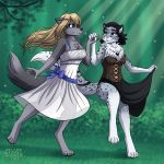  &lt;3 2019 4_toes 5_fingers adira_(twokinds) anthro black_hair black_nose blonde_hair blue_eyes blush bow breasts canid canine canis chest_tuft cleavage clothed clothing corset curtsey dancing digitigrade dipstick_tail dress felid female fluffy fluffy_tail forest full_body fur grey_fur hair hair_clips heresy_(artist) hi_res jensca keidran lingerie long_hair mammal multicolored_fur multicolored_tail outside pantherine pawpads pink_nose ribbons silhouette skirt smile snow_leopard spots sundress toes translucent tree tuft two_tone_fur twokinds webcomic white_fur wolf 