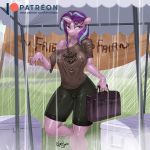  2019 anthro blue_eyes breasts briefcase clothed clothing digital_media_(artwork) english_text equid female friendship_is_magic hair holding_object horn kevinsano mammal multicolored_hair my_little_pony nipples off_shoulder outside patreon raining shirt signature solo starlight_glimmer_(mlp) text translucent transparent_clothing two_tone_hair unicorn url wet wet_clothing wet_hair wet_shirt 
