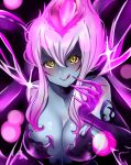  1girl blue_skin breasts claws cleavage darkness evelynn facial_mark fiery_hair hand_to_own_mouth highres large_breasts league_of_legends licking_lips looking_at_viewer mintmia11 sidelocks slit_pupils smile solo tentacle tongue tongue_out white_hair yellow_eyes 