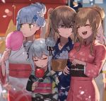  404_(girls_frontline) 5girls alternate_costume alternate_hairstyle blonde_hair breast_envy candy_apple commentary_request cotton_candy double_bun drooling food g11_(girls_frontline) girls_frontline hk416_(girls_frontline) hood_(james_x) idw_(girls_frontline) japanese_clothes kimono multiple_girls ponytail scar scar_across_eye shaded_face sleepy smile summer_festival tied_hair ump45_(girls_frontline) ump9_(girls_frontline) 