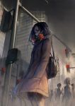  1girl black_hair blue_eyes building city coat commentary crowd english_commentary faceless flower from_below gas_mask hands_in_pockets highres lamppost long_hair looking_at_viewer original outdoors solo_focus standing traffic_light watermark web_address wenqing_yan wind 