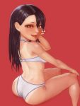  1girl aethos ass back bangs bikini black_hair breasts brown_eyes dimples_of_venus fang feet_out_of_frame hair_ornament hairclip hand_on_own_knee highres ijiranaide_nagatoro-san invisible_chair lips long_hair looking_at_viewer looking_back nagatoro nail_polish nose nude parted_lips red_background sitting small_breasts solo sweatdrop swimsuit white_bikini 