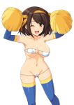  1girl :d ;d armpits arms_up bare_shoulders bikini blue_gloves blue_legwear blush bouncing_breasts breasts brown_eyes brown_hair cheerleader cleavage collarbone elbow_gloves erect_nipples eyepatch_bikini feet_out_of_frame gloves gluteal_fold groin hair_ribbon hairband haruhisky highres holding large_breasts looking_at_viewer lowleg lowleg_bikini navel one_eye_closed open_mouth orange_hairband orange_ribbon pom_poms ribbon short_hair skindentation smile solo standing stomach strapless strapless_bikini suzumiya_haruhi suzumiya_haruhi_no_yuuutsu swimsuit thighhighs unaligned_breasts white_bikini 