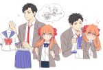  1boy 1girl black_hair blazer blush bow brown_eyes clenched_hands clothes_hanger collared_shirt gekkan_shoujo_nozaki-kun hair_bow hands_on_own_cheeks hands_on_own_face highres holding_clothes imagining jacket mery_(apfl0515) necktie nozaki_umetarou orange_hair pleated_skirt polka_dot polka_dot_bow purple_eyes rouman_academy_uniform sakura_chiyo school_uniform serafuku shirt skirt thought_bubble 