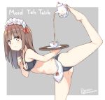  1girl bra brown_hair cup decantering english_text engrish_text foot_hold frilled_bra frilled_panties frills hatsunatsu maid maid_headdress medium_hair original panties patreon_username pouring ranguage simple_background solo tea teacup tray underwear underwear_only yellow_eyes 