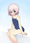  1girl bare_arms bare_legs bare_shoulders black-framed_eyewear blue_swimsuit collarbone commentary_request covering covering_breasts erect_nipples eyebrows_visible_through_hair eyes_visible_through_hair fate/grand_order fate_(series) feet_out_of_frame flat_chest glasses hair_over_one_eye leaning_forward looking_at_viewer mash_kyrielight namonashi parted_lips petite pink_hair purple_eyes semi-rimless_eyewear short_hair sitting skin_tight solo swimsuit under-rim_eyewear younger 