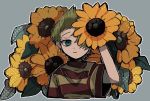  1boy blonde_hair blue_eyes closed_mouth flower grey_background highres holding holding_flower leaf looking_at_viewer lucas mother_(game) mother_3 nintendo raised_eyebrow shirt short_hair simple_background solo striped striped_shirt sunflower 