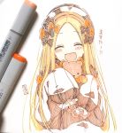  1girl :d ^_^ abigail_williams_(fate/grand_order) bangs black_bow blonde_hair blush bow brown_dress brown_headwear closed_eyes dress eyebrows_visible_through_hair eyes_closed facing_viewer fate/grand_order fate_(series) forehead hair_bow hat highres long_hair long_sleeves object_hug open_mouth orange_bow parted_bangs photo sleeves_past_fingers sleeves_past_wrists smile sofra solo stuffed_animal stuffed_toy teddy_bear traditional_media translation_request upper_body very_long_hair 