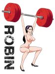  1girl armpits arms_up black_hair blue_eyes breasts edit high_heels highres large_breasts navel nico_robin nipples nude one_piece sunglasses sunglasses_on_head third-party_edit weightlifting 