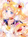 1girl bangs bishoujo_senshi_sailor_moon blonde_hair blue_eyes blue_sailor_collar brooch choker closed_mouth crescent crescent_earrings double_bun earrings elbow_gloves eternal_sailor_moon facial_mark feathers forehead_mark gloves heart heart_choker hoshikuzu_(milkyway792) jewelry long_hair looking_at_viewer magical_girl parted_bangs red_neckwear sailor_collar sailor_moon sailor_senshi_uniform signature smile solo star star_earrings tsukino_usagi twintails upper_body white_gloves white_wings wings 