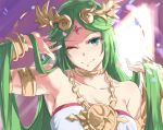  1girl arm_up armlet bangs bare_shoulders blush bracelet bracer breasts circlet cleavage closed_mouth collarbone dress female green_eyes green_hair hair_grab hand_up head_tilt headpiece highres jewelry kid_icarus kid_icarus_uprising large_breasts long_hair looking_at_viewer lots_of_jewelry neck neck_ring nintendo one_eye_closed palutena pendant smile solo strapless strapless_dress super_smash_bros. tiara tomas_(kaosu22) upper_body very_long_hair white_dress wink 