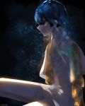  1other androgynous bangs blue_eyes blue_hair blunt_bangs colored_eyelashes crying crying_with_eyes_open crystal_hair golden_arms hair_between_eyes highres houseki_no_kuni necktie phosphophyllite phosphophyllite_(ll) profile see-through_sleeves short_hair sitting solo spoilers tears 