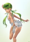  1girl absurdres bangs breasts creatures_(company) dark_skin fang female flower from_behind g@rnet game_freak green_hair hair_flower hair_ornament highres looking_at_viewer looking_back mao_(pokemon) naked_overalls nintendo nipples open_mouth overalls pokemon pokemon_(anime) pokemon_(game) pokemon_sm pussy pussy_juice shiny shiny_skin simple_background small_breasts solo standing standing_on_one_leg swept_bangs twintails uncensored 