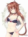  1girl animal_ears black_bra black_choker black_panties bra breasts brown_eyes brown_hair cat_ears cat_tail choker commentary_request cowboy_shot hair_flaps hairband hand_on_hip highres joujou kantai_collection lace lace_bra lace_panties long_hair looking_at_viewer panties red_hairband remodel_(kantai_collection) shiratsuyu_(kantai_collection) small_breasts solo tail twitter_username underwear white_background 