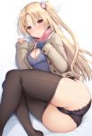  1girl ass azur_lane bangs beige_coat black_legwear black_panties blonde_hair blue_gloves blush breasts breath cleavage cleavage_cutout cleveland_(azur_lane) coat erect_nipples eyebrows_visible_through_hair fingerless_gloves gloves hair_bobbles hair_ornament hand_on_own_chest jewelry lace lace-trimmed_panties long_hair long_sleeves looking_at_viewer lying medium_breasts no_pants on_side one_side_up open_clothes open_coat panties pantyhose pantyhose_pull parted_bangs partially_visible_vulva pink_scarf purple_sweater red_eyes ribbed_sweater ring sayika scarf skirt smile solo sweater thighhighs thighs underwear wedding_band 
